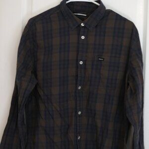 RVCA Brown Plaid Button slim fit Shirt, Size Large